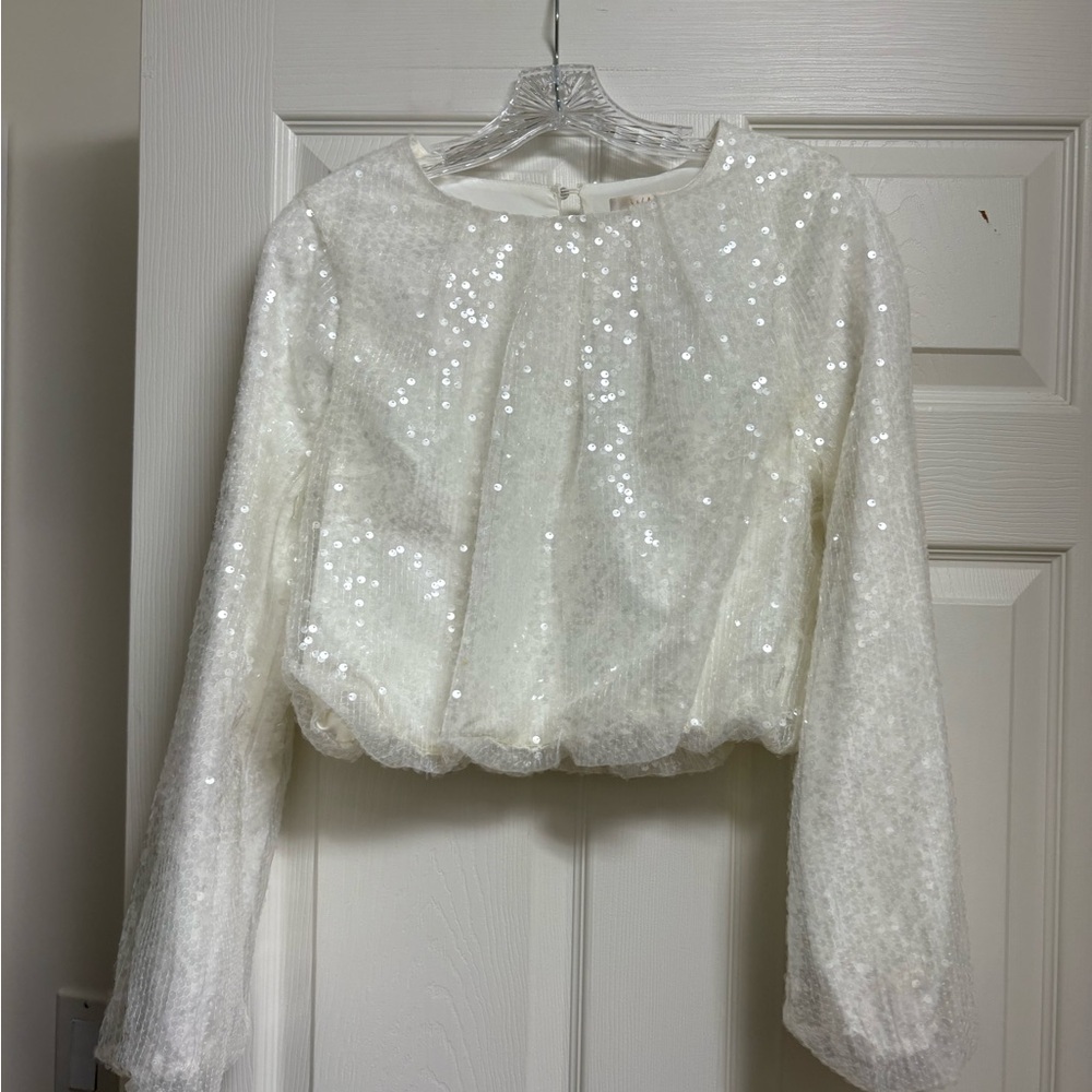 Wayf White Sequin Cropped Long-Sleeve Top
